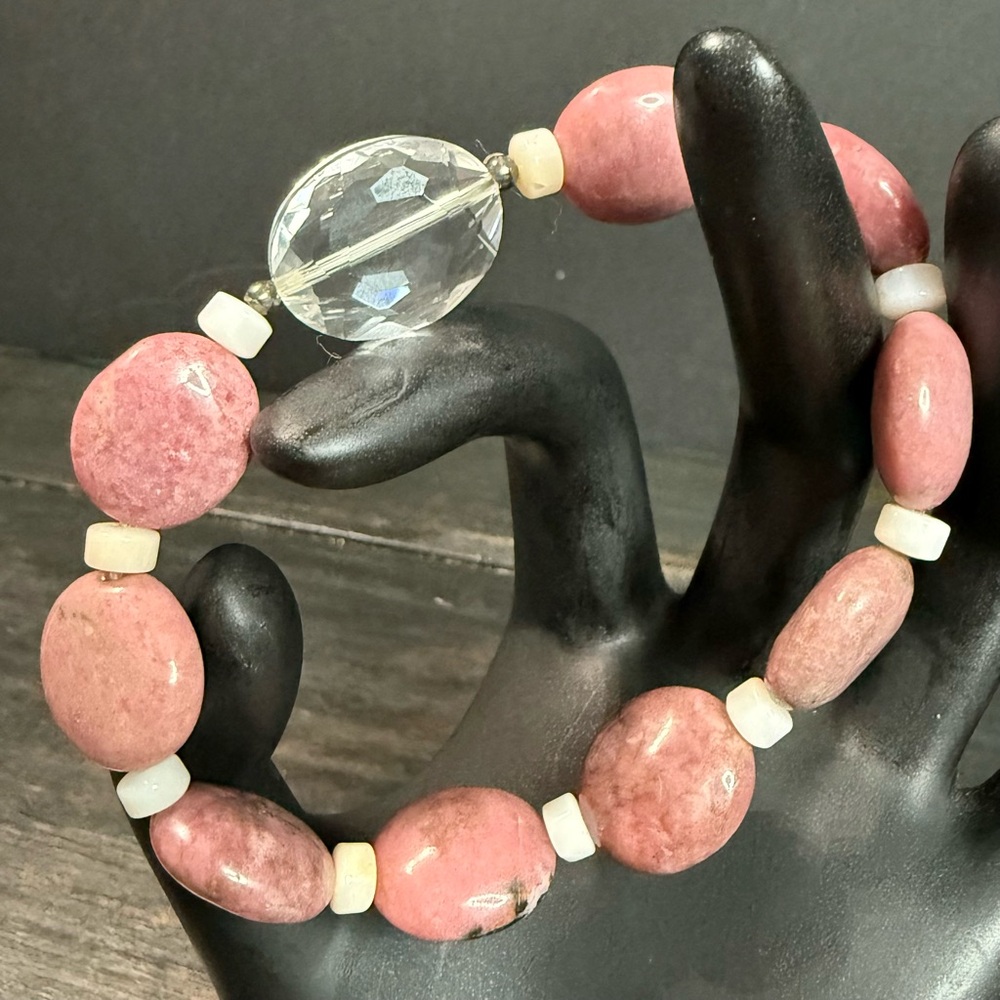 Natural Pink Rhodonite Flat Beaded w/ Clear Glass Stretchable 7” Bracelet